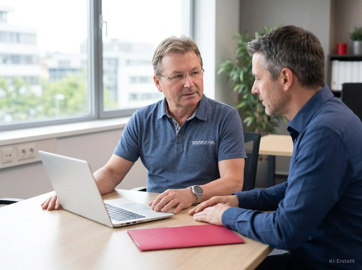 Ein Techniker von Absolute-IT berät einen Kunden am Laptop im Büro